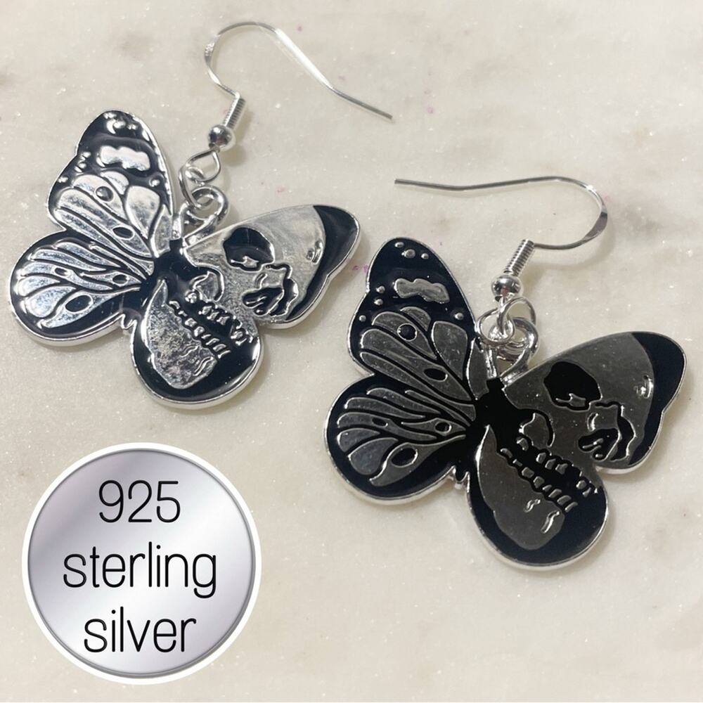 925 Sterling Silver gothic Halloween skull Butterfly Earrings
